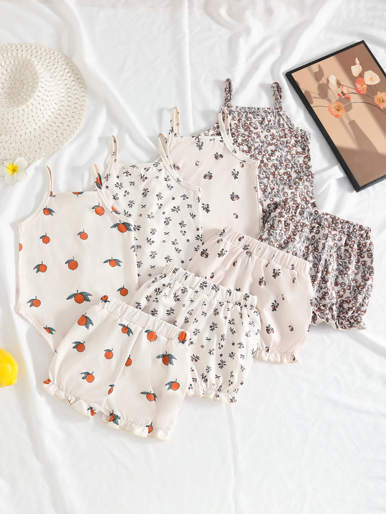 Baby Girl Summer Vintage Floral Citrus Print Cami Bodysuit Ruffle Elastic Shorts 4Pcs Set Newborn Vacation Soft Outfit