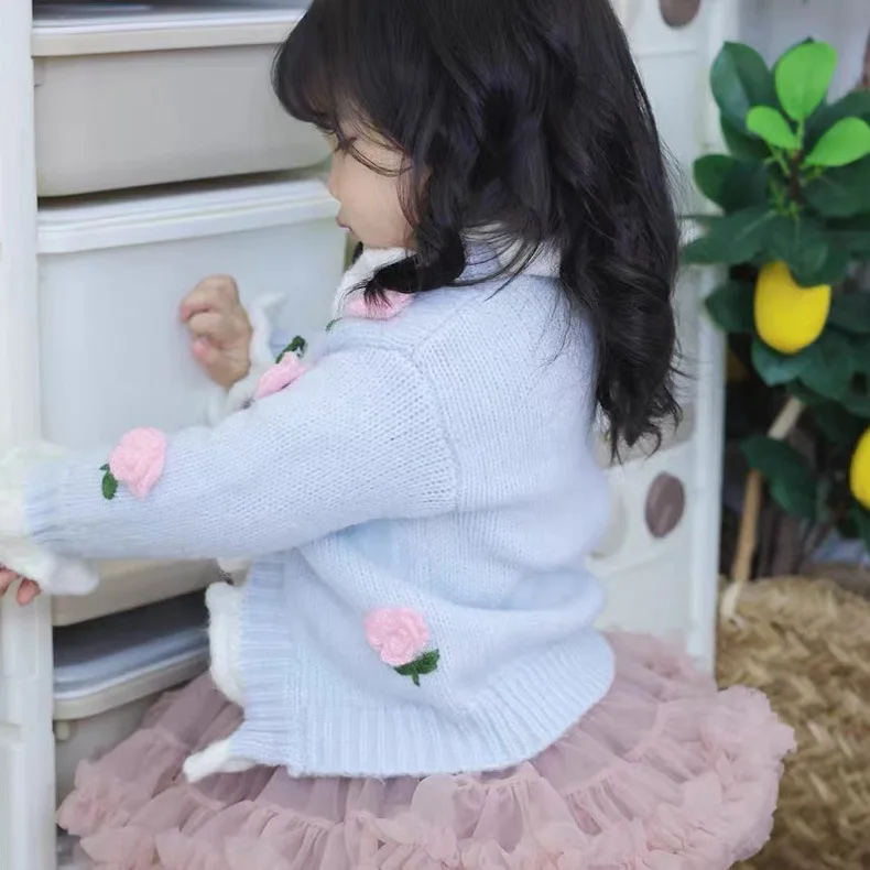 Baby Girls Knitted Cardigan Sweater, 2026 Autumn Winter New, Nordic Ins Style Hand Embroidered Lovely Floral Kids Outerwear