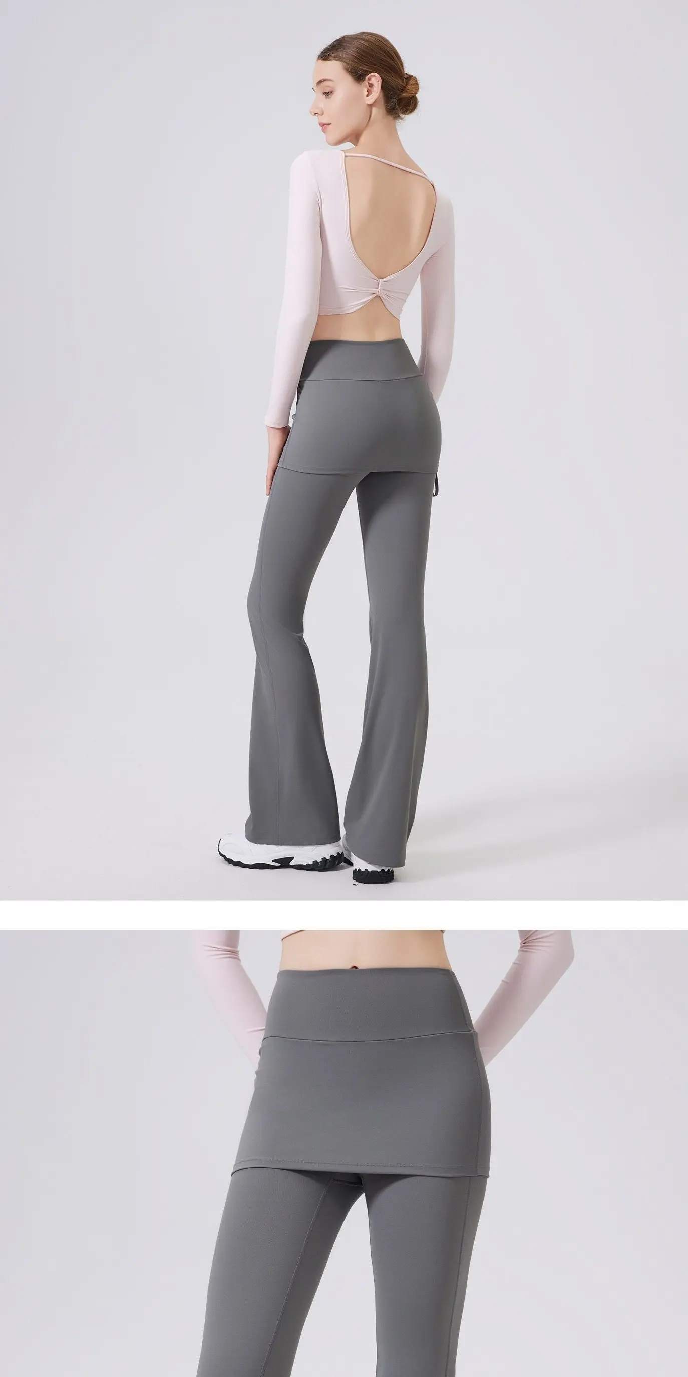 Täuschend echte, hochtaillierte, leicht ausgestellte Hose mit hüftbedeckendem Rock für Damen zum Laufen, Tanztraining, Pilates-Sport. – Detail 7