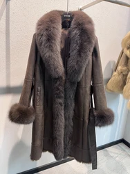 2024 neue Mode Winter echte Fuchs Pelz Kragen Mantel Frauen natürliche Kaninchen Jacke Luxus Outwear lange dicke warme weibliche Mantel