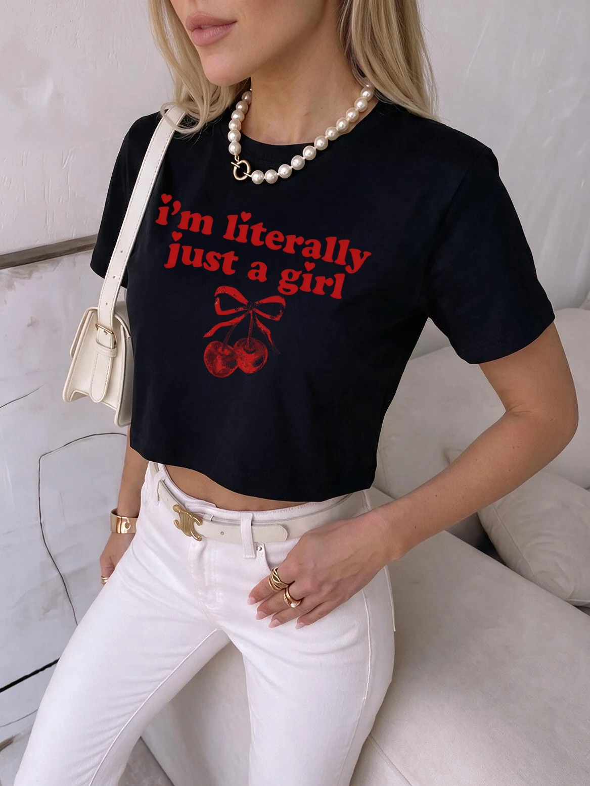 Women's Y2k T Shirt Just A Girl Crop Top with Sweet Cherry Bow Design Print Sexy Crew Neck Short Sleeve Cropped T Shirt Clothes
