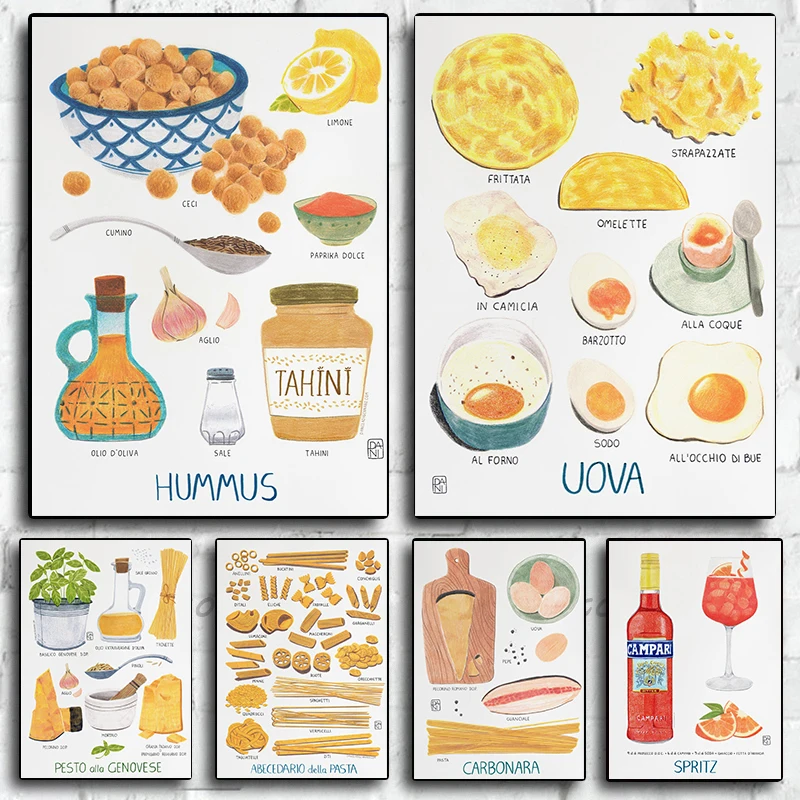 Egg Food Hummus Recipe Pasta Alphabet Italian Pizza Poster Print Wall Art Pictures Canvas Painting Living Room Home Decor Gift