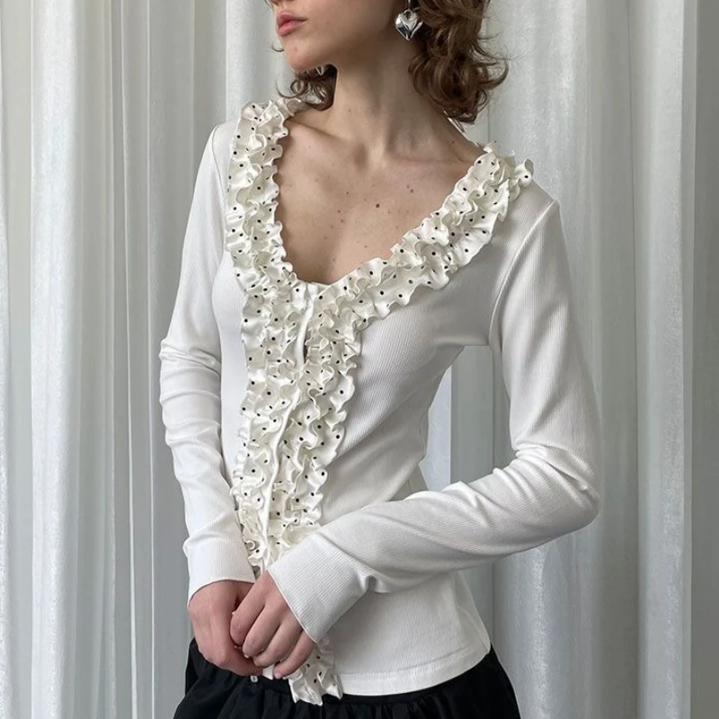 

Deeptown Elegant Sexy T-Shirts Women Sweet Coquette Fashion Polka Dot Tops Korean Style Shoujo Girl Aesthetic White T-Shirts