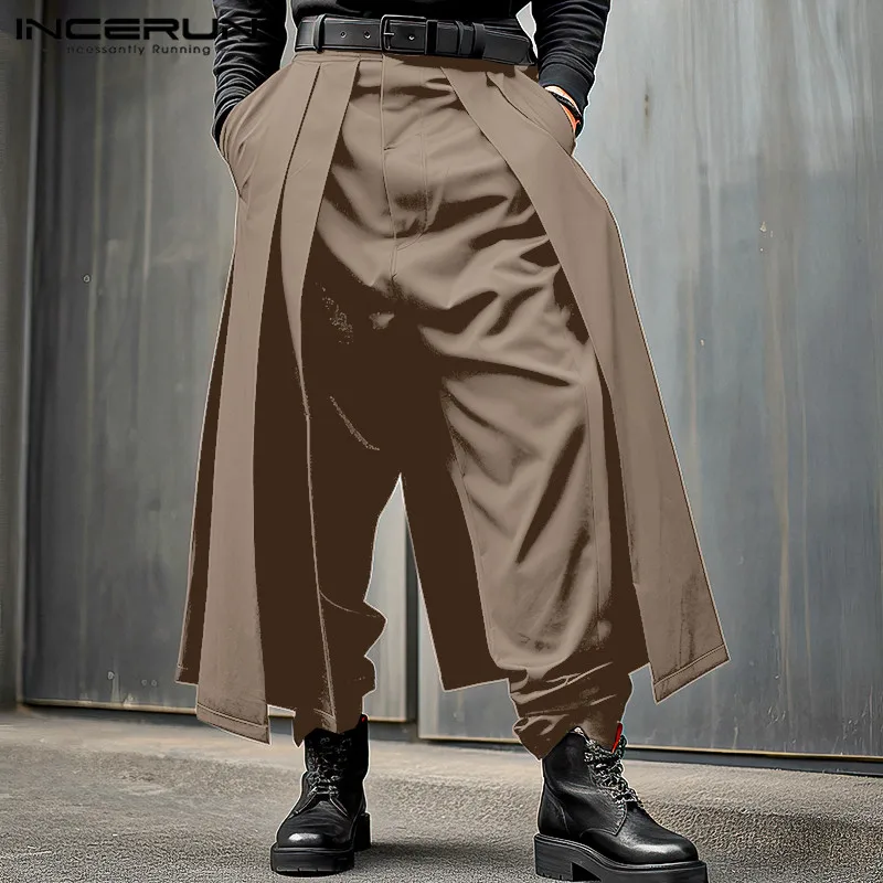 INCERUN 2024 Korean Style New Men\'s Trousers Pleated Layered Design Pantalons Casual Fashionable Loose Wide Leg Long Pants S-5XL