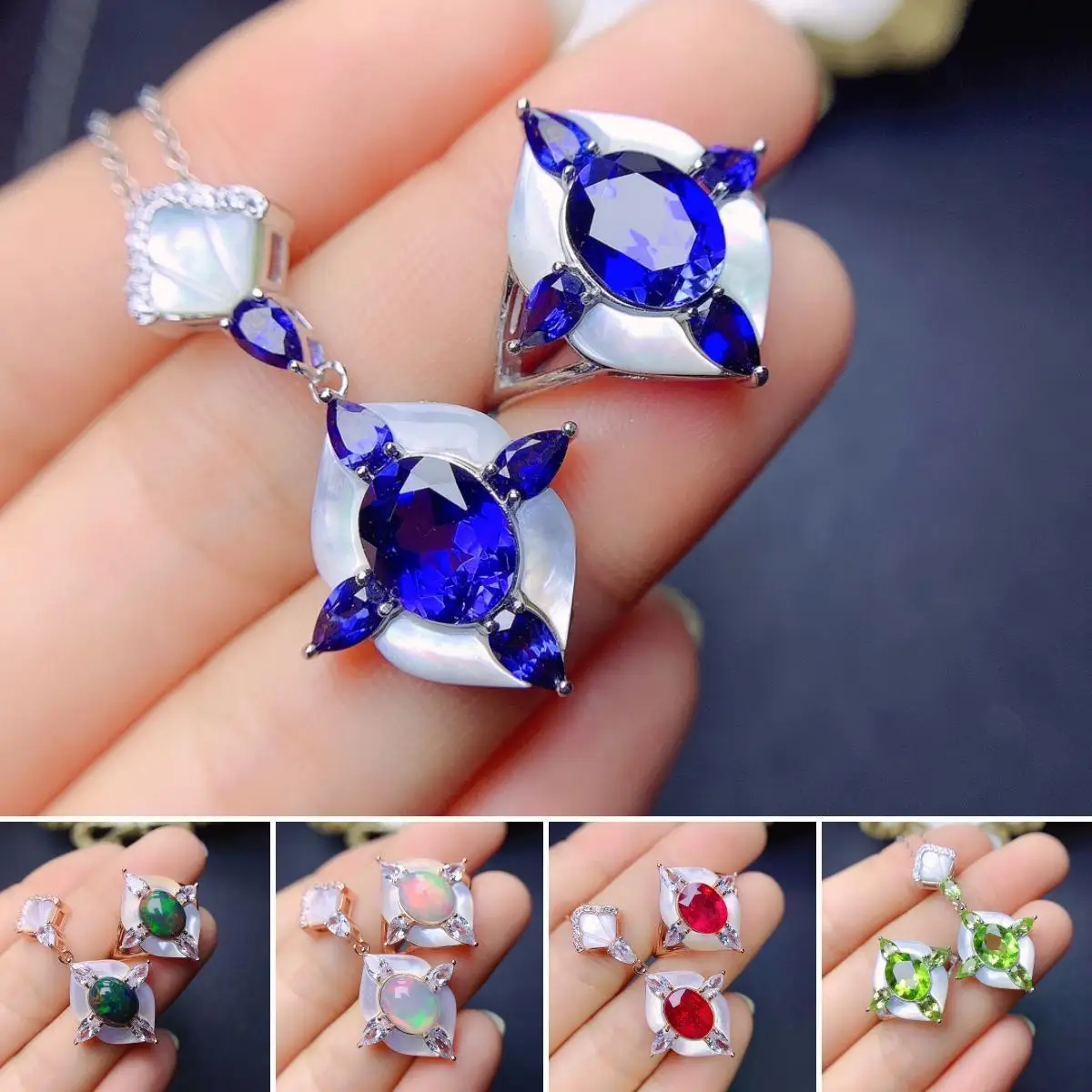 

FS Natural 7*9 Sapphire Ring Necklace Set for Women Real 925 Sterling Silver Charm Fine Fashion Wedding Jewelry MeiBaPJ