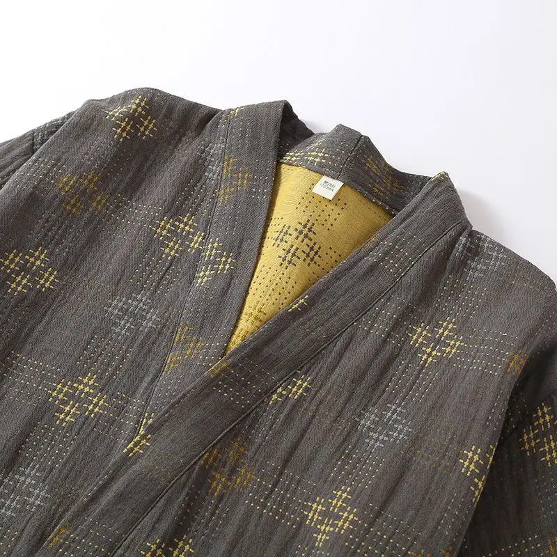 Double Layer Cotton Kimono Bathrobe For Adults Unisex Soft Absorbent Loungewear Dark Gray Plaid Pattern Home Spa Sleepwear Robe