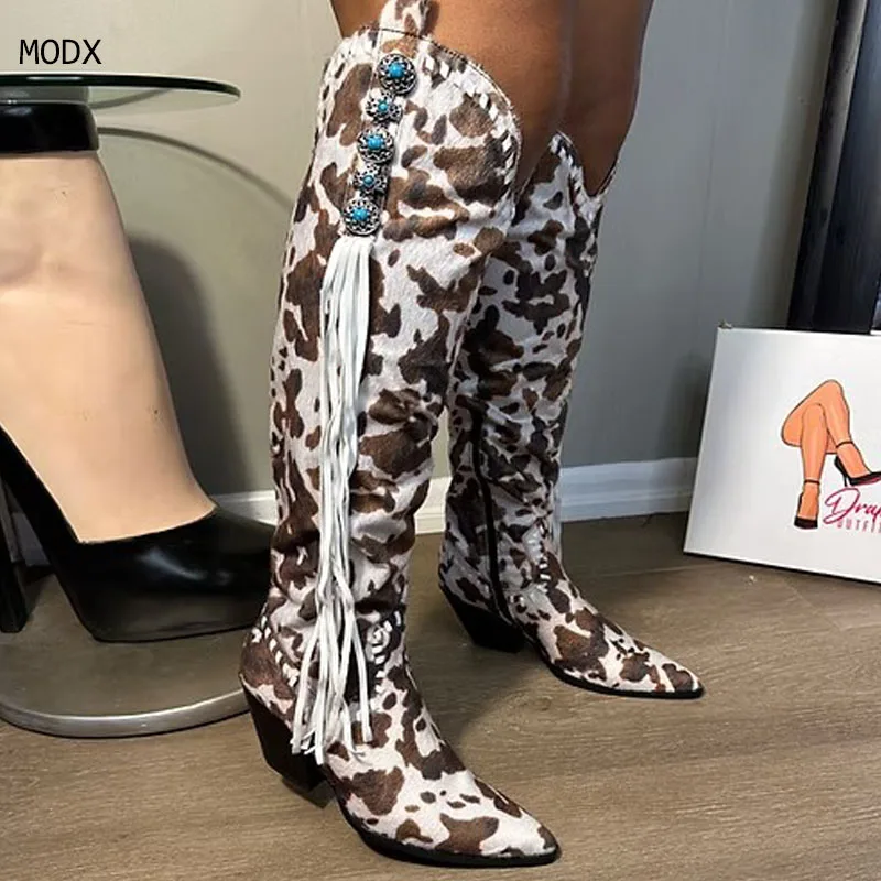 

Horse Hair Cow Print Knee High Boots Women's Pointed Toe Brown Hot Thick High Heels Long Boots Luxury Designer Party Shoes 44