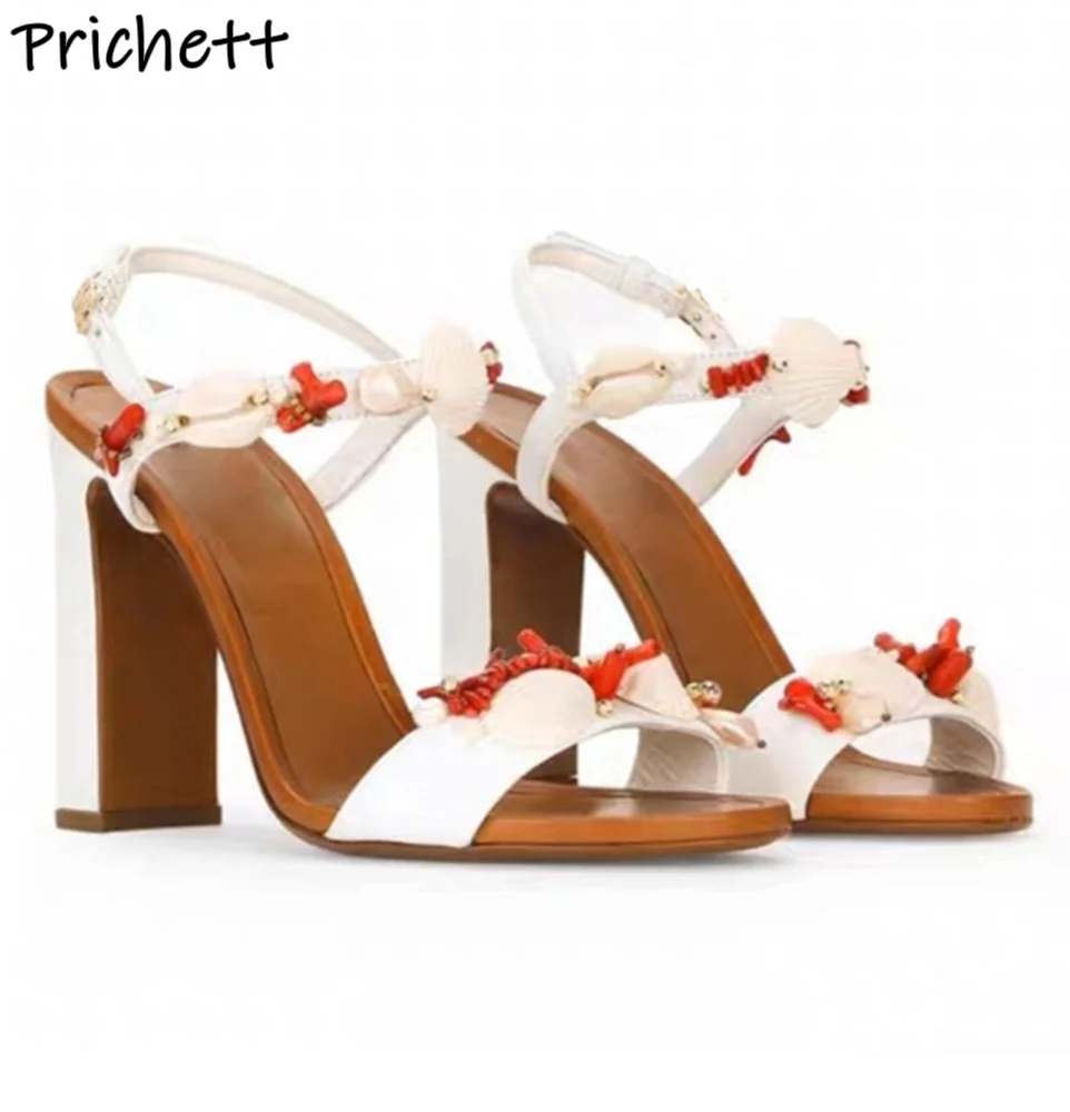Shell Coral White Sandals Straight Strap Chunky Heels Ankle Band Round Toe Buckle Strap Shoes Summer Elegant Fashion Women Shoes