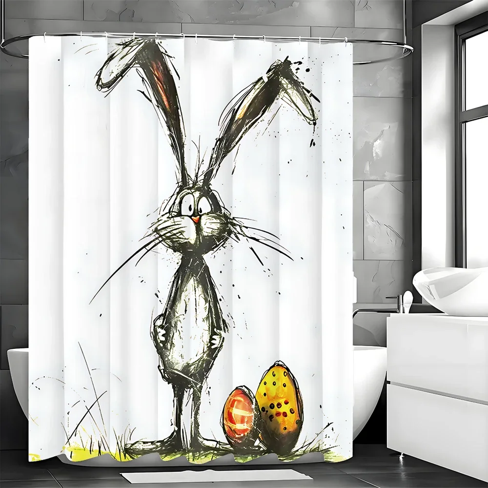 Easter Shower Curtain Bunny Easter Yellow Eggs Messy Pen Art Drawing Spring Holiday Bunny Bathroom Decor Polyester Shower Curtai