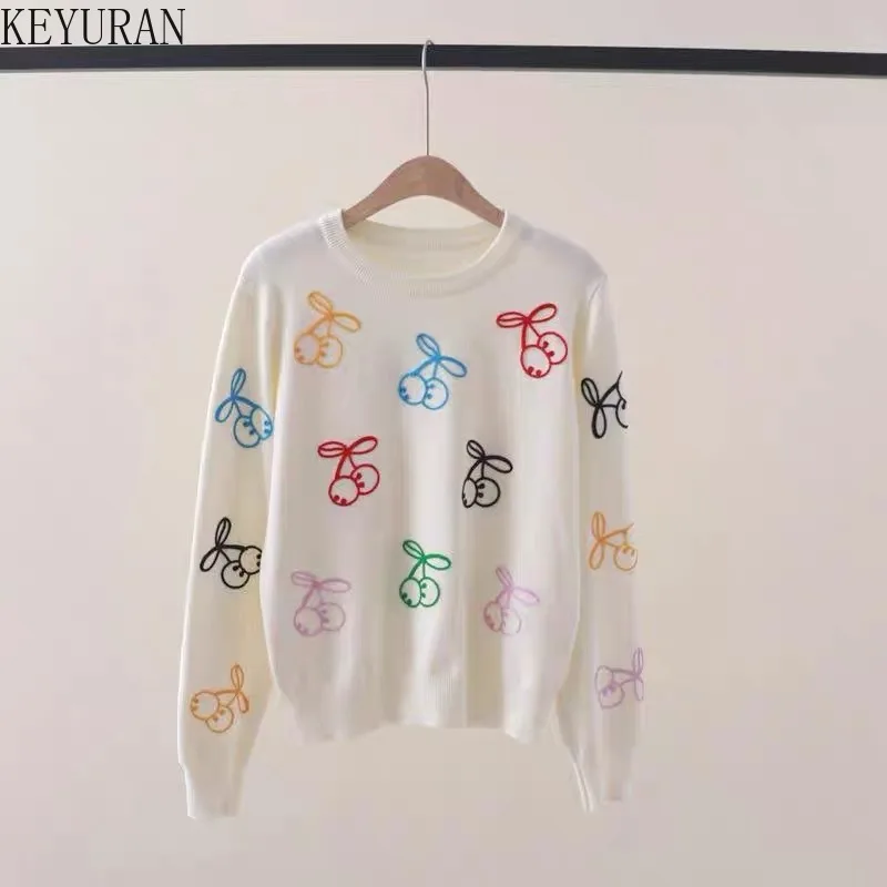 Sweet Colorful Cherry Embroidery Pullover Sweater Women Round Neck Long Sleeve Versatile Slim Base Sweaters Jumpers Sueter Mujer