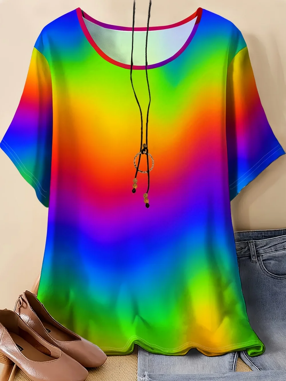 Farbverlauf T-Shirts 3D-Druck Damen Kurzarm-T-Shirt Lässige O-Ausschnitt Oberteile Y2k Tees Lockere Sommer Outdoor Damenbekleidung – Detail 5