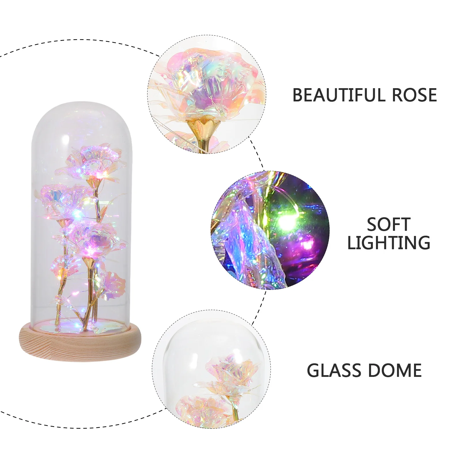 

1Pcs Gold Foil Rose Glass Dome Ornament Premium Desktop Decor LED Light Flower Glass Cover Decorative Gift for Home