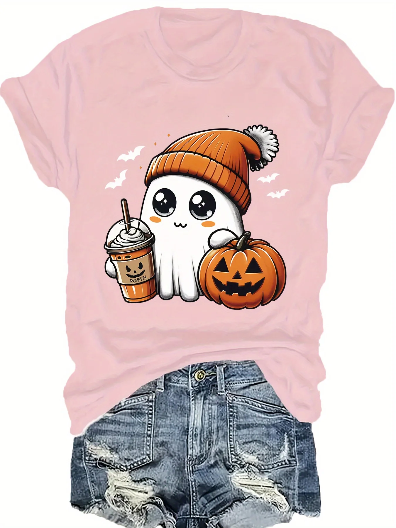 Halloween Kawaii Cartoon Ghost Print Women\'s T-shirt Plus Size Short Sleeve Shirt Blouse Crop Top Women\'s Clothing Fashion