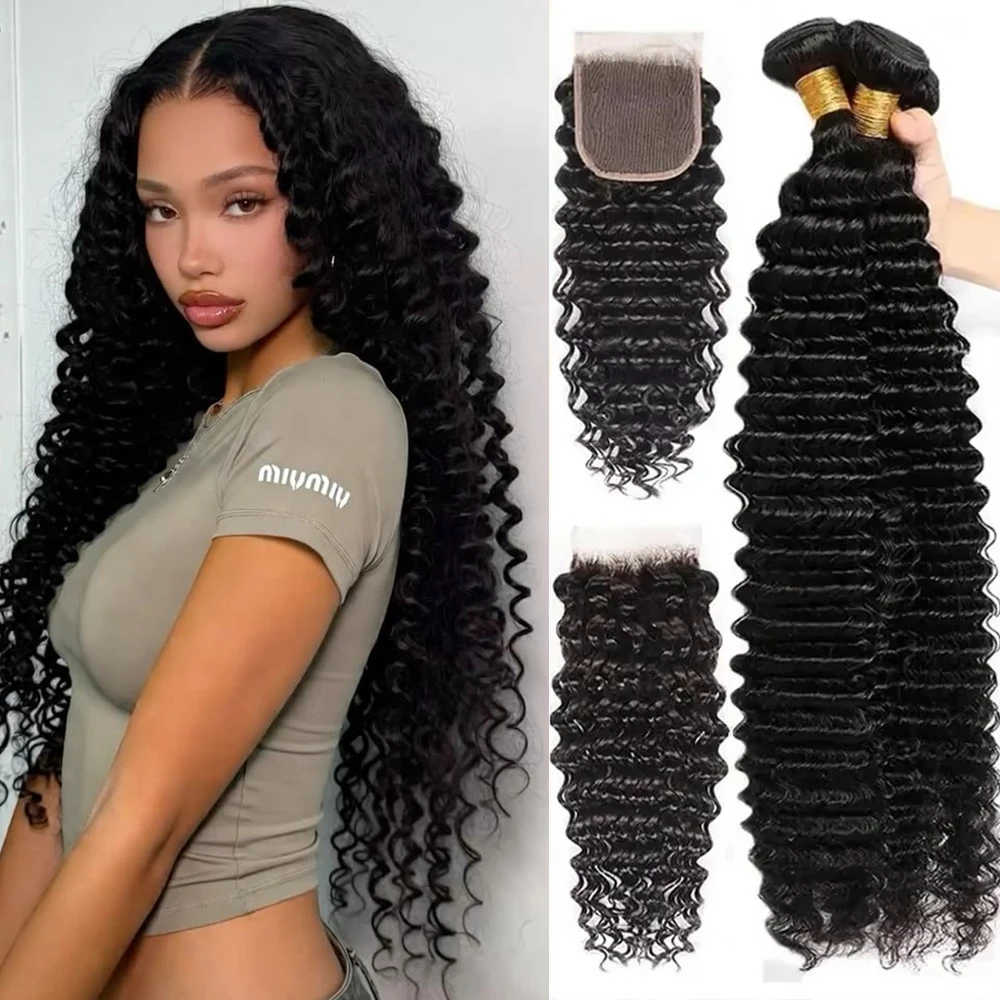 Deep Wave 3 Bundles With Closure - Tiefwellen-Echthaar-Bundles mit Verschluss, 24, 26, 28