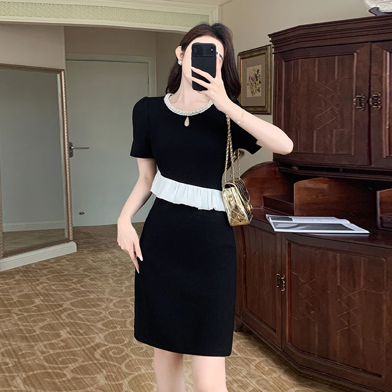 

Women Mini Dress Elegant Ruffle Edge Beaded High-end Slim Black Dress Formal Party Club Summer 2025