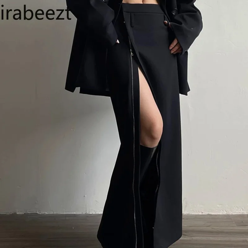 

Fashion design zipper slit American skirt plus size fat girl early autumn new casual dress daily wear black long skitts