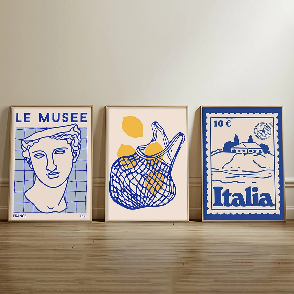 1pc frameless Canvas Painting Blue Maximalist Wall Art Coastal Decor Le Musee Prints Italian Summer Retro Breakfast Food Drink C view 3