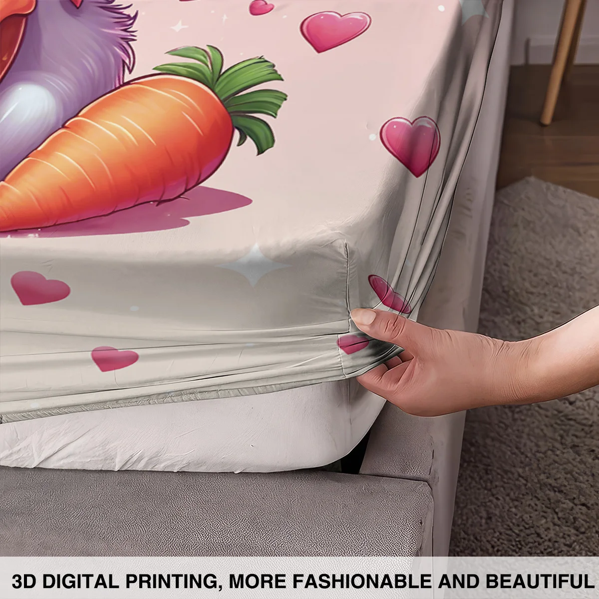 3 قطع من ملاءات السرير بدون شرائح مطبوعة على شكل أرنب لطيف، متعددة الحجم، غطاء سرير ناعم لغرفة النوم، قابل للغسل في الغسالة