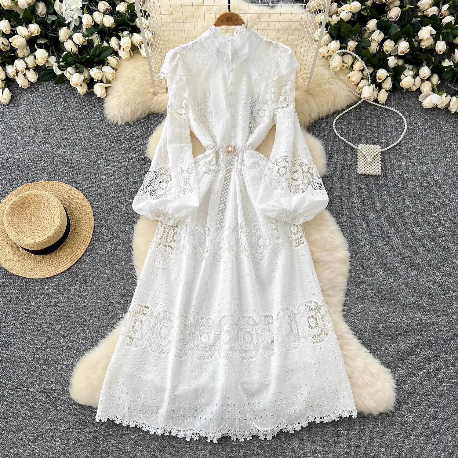 Runway Flower Embroidery Crochet Lace Cotton Dress Autumn Women\'s Stand Long Lantern Sleeve Hollow Out Evening Party Vestidos