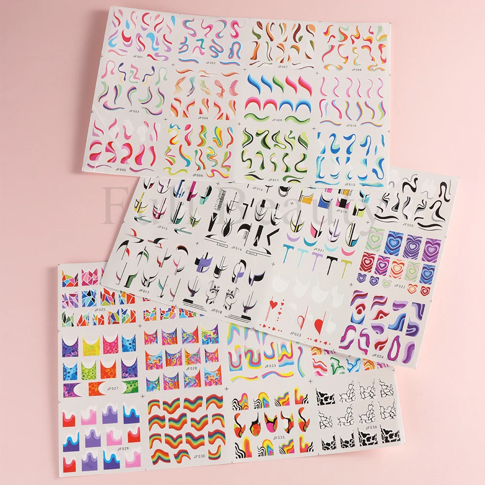 Wave Lines decalcomanie per unghie Set Swirl Nail Stickers Rainbow Water Transfer Sliders French Manicure Guide copertura completa Wraps NTJF1-12