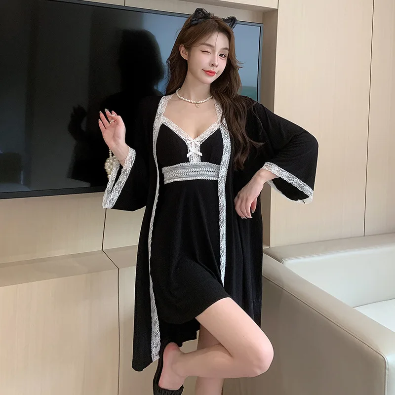 Modal Bathrobe Gown Suit Summer Kimono Sleepwear Home Clothes 2PCS Robe Set Nightgown Women Nightdress Loungewear