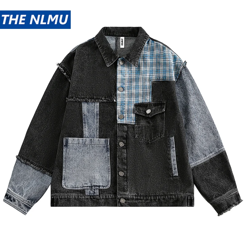 Men Vintage Patchwork Denim Jacket Harajuku Hip Hop Streetwear Oversized Jeans Jacket Retro Jackets Outwear for Male Unisex