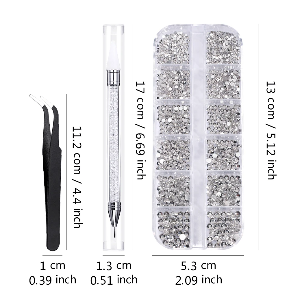 12 Gitter, 3D-weiße Nail-Art-Strasssteine und 2 Werkzeuge, gemischte Größen, flache Rückseite, rundes Glas, Diamant-Nagel-Charms, DIY-Handwerk, Maniküre-Zubehör – Detail 1