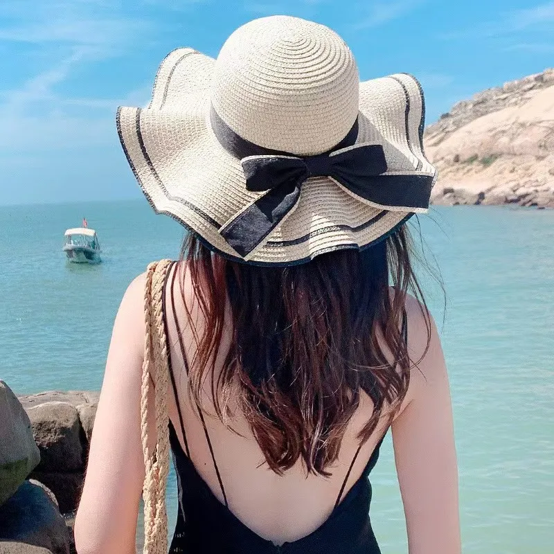 

New Summer Women Sun Hat Casual Fashion Bowtie Fisherman Hat Straw Hat with Bow Ribbon Travel Beach Hat Versatile UV Resistant
