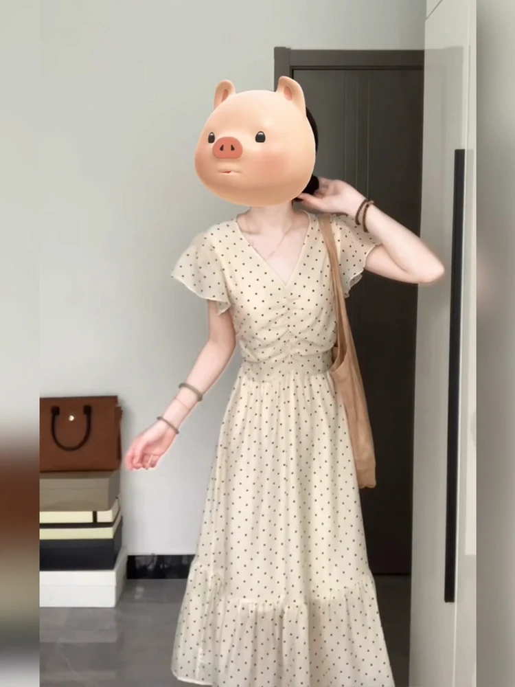 

Женское летнее платье XZY Ele в горошек с V-образным вырезом, приталенное, с эффектом утягивания талии, для перерыва на чай, больших размеров, в корейском стиле, с эффектом пышных рукавов...