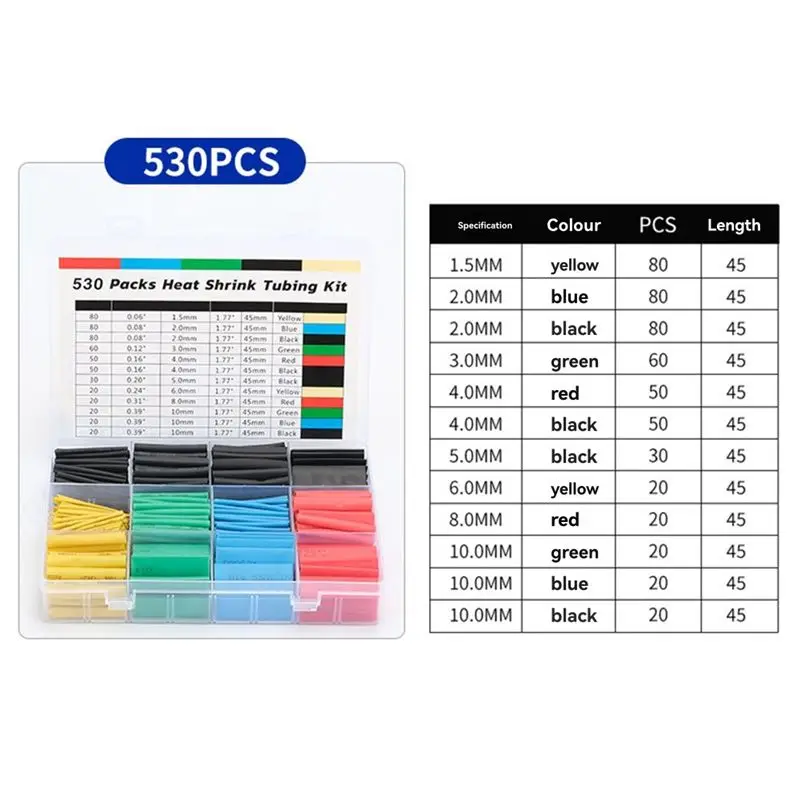 DT39 530PCS 2:1 Heat Shrink Tubing Set, 8 Sizes 1.5-10mm, PE Wire Shrinking Tube Kit, for Wire Connect Cover Protection, Flame