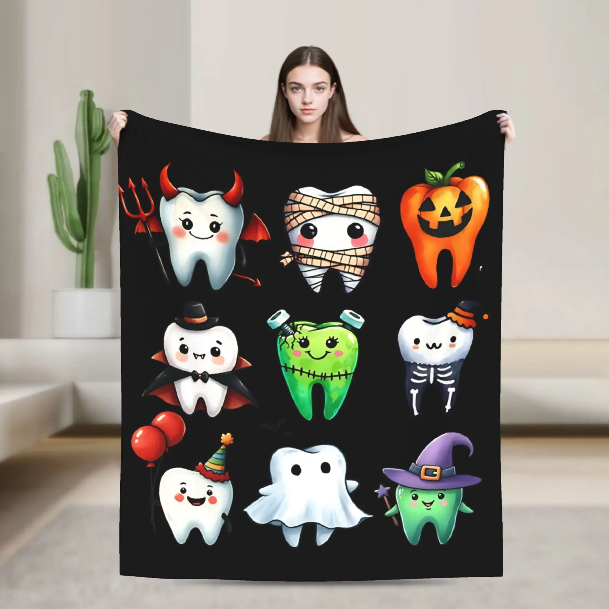 Spooky Teeth Dental Squad  Knitted Blanket Flannel Cartoon Teeth Helloween Super Warm Throw Blanket for Bed Bedspread