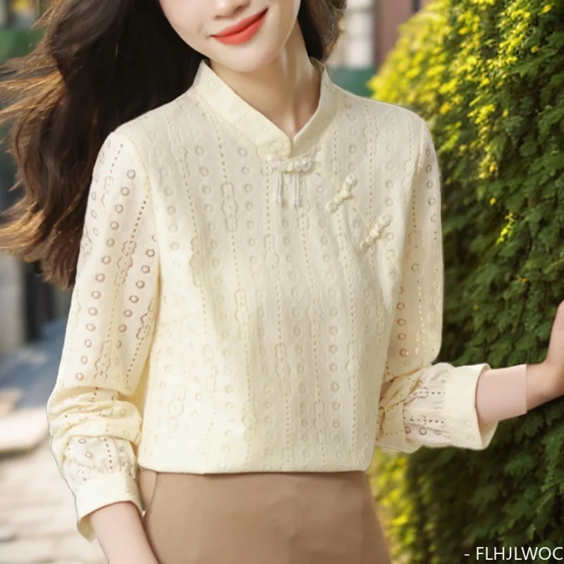 Hot Chinese Style Chi-pao Collar Design Tops 2024 Women Office Lady Girls Elegant Retro Button Lace Shirt Blouse Vintage