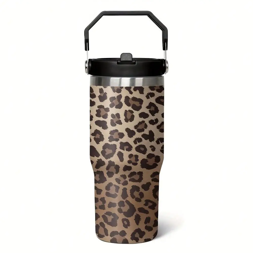 30oz Leopard Print Stainless Steel Vacuum Insulated Tumbler With Handle Flip Straw Cute Cheetah Design Skinny Travel Mug, Reusa