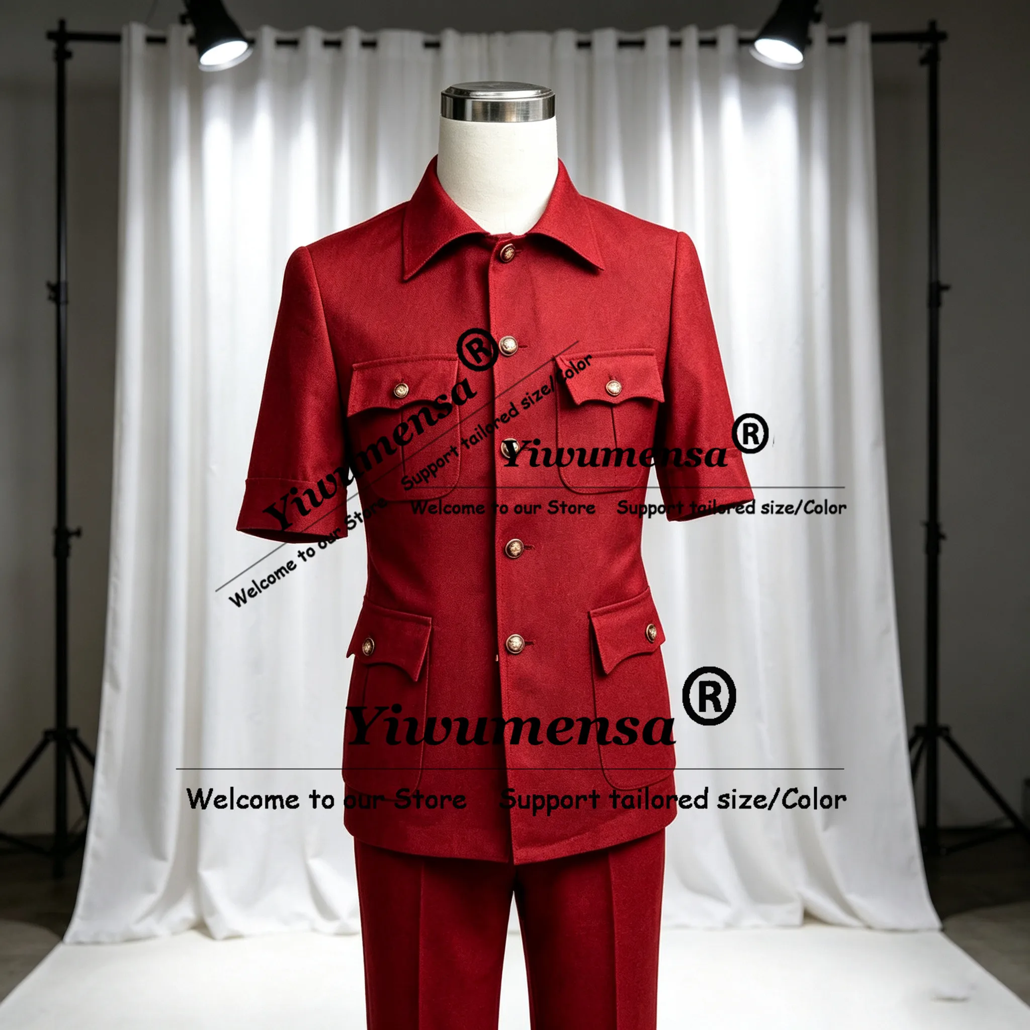 Elegant African Suits Man Short Sleeves Jacket Pants 2 Pieces Sets Safari Style Men's Blazer Customized Groom Dinner Tuxedos view 2
