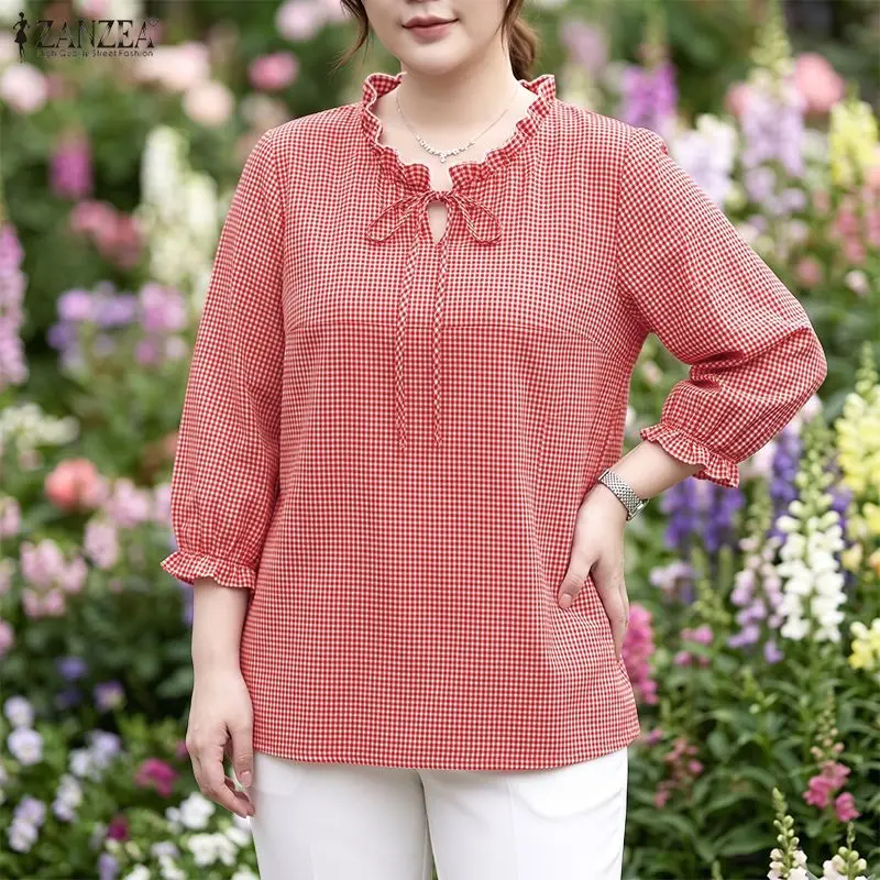 ZANZEA Women Plaid Blouse 3/4 Lantern Sleeve Tops Ruffle Tie Neck Loose Shirts Elegant Tunics Casual Work Autumn Blusas Ladies - view 3