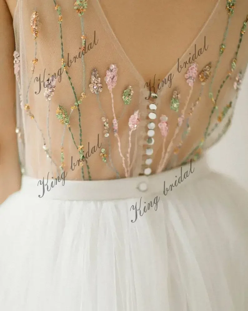 Vestido de noiva com decote em v personalizado marfim sem mangas vestido de noiva tule vestido de casamento aberto nas costas simples vestido de casamento de praia