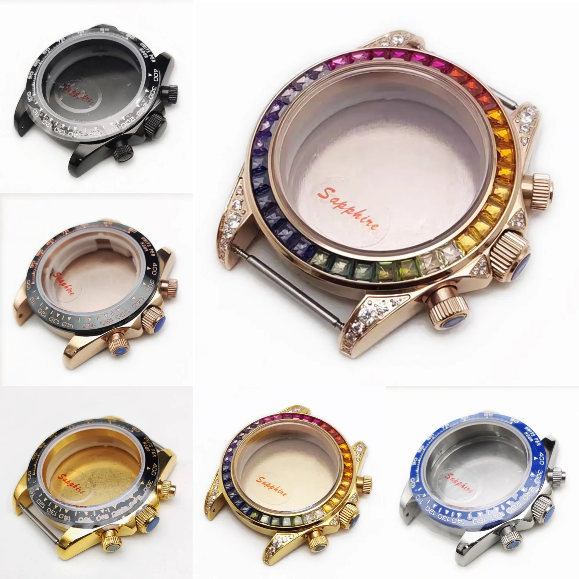 جودة عالية 39.5 مللي متر ارتفع الذهب VK63 حافظة جوهرة الحافة لا شعار حافظة + حزام صالح VK63 حركة الياقوت الزجاج