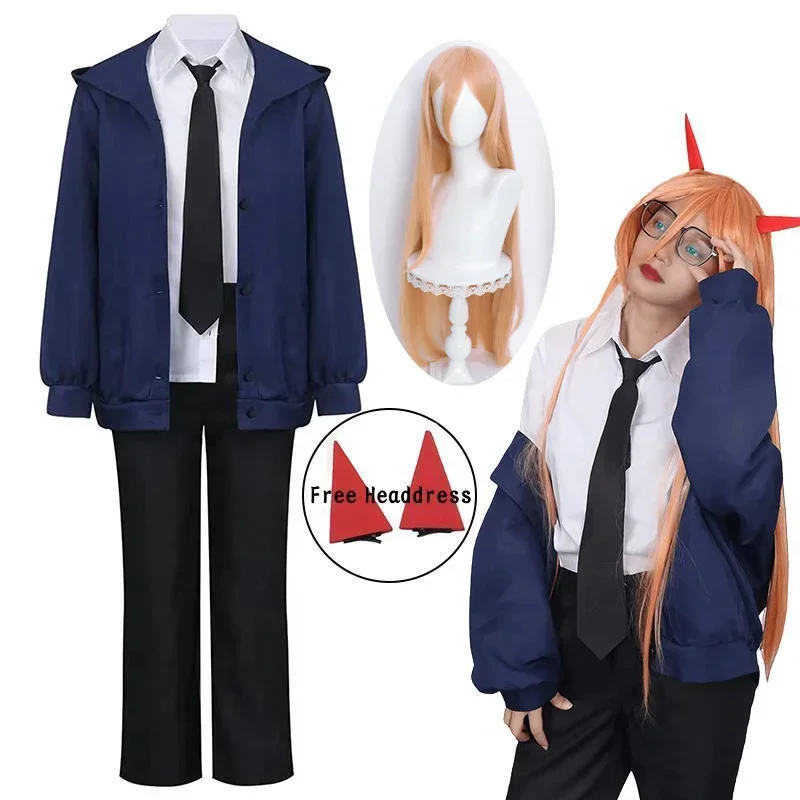 Anime Power Cosplay Kettingzaag Man Cosplay Kostuum Blauw Rood Jasje Broek Pruik Uniform Pak Halloween Kerstkostuums Voor Vrouwen