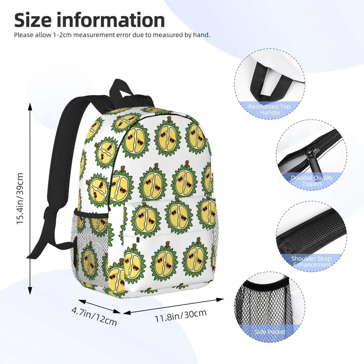 Tropical Durian Cute Cartoon Backpack Daypack Large Capacity Boys Girls BookBag Shoulder Bags for Men Women Kids School Bag