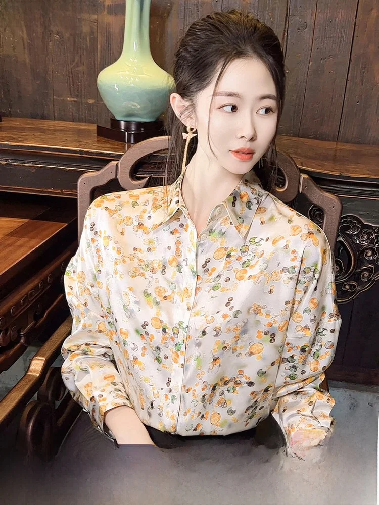 

Шелковая блузка с принтом в горошек для ранней весны, женская, с длинным рукавом, премиум-класса, прямого кроя, для офиса