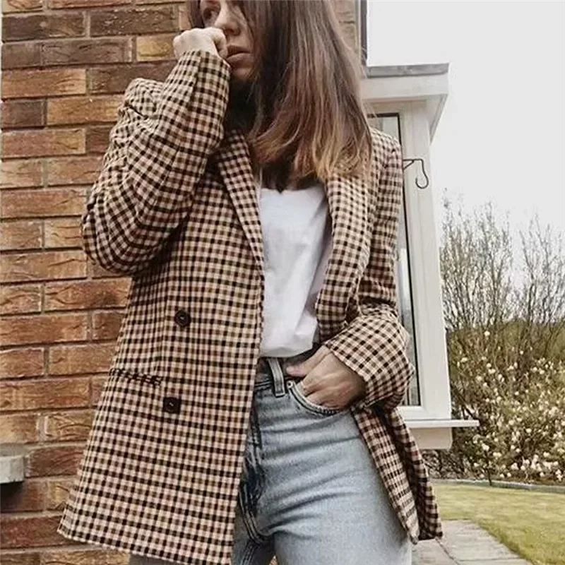 Vintage Bouble Breasted Plaid Women Blazer Pockets Jackets Female Retro Suits Coat Feminino blazers Outerwear high quality