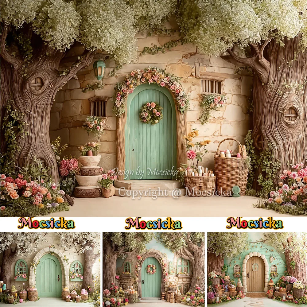 Fondo Fotográfico Mocsicka con Diseño de Casa del Árbol de Cuento de Hadas de Pascua, Arco Floral de Primavera, Fondo para Fotografía de Fiesta de Cumpleaños de Niños y Niñas, Estudio Fotográfico
