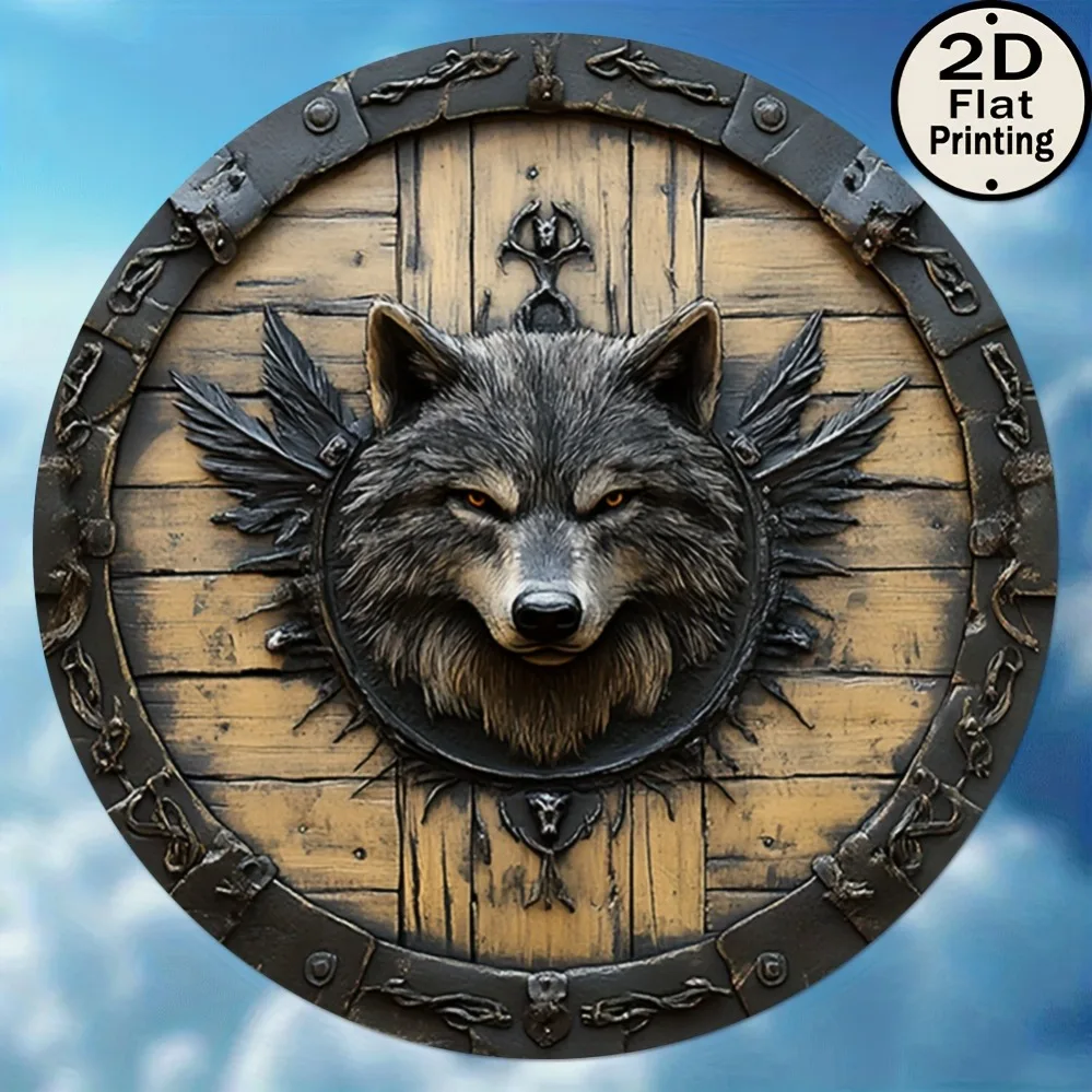 2D Metal Sign, Viking Wolf Head Metal Wall Art, 8 Inch Round Vintage Symbol of Strength for Home Decor