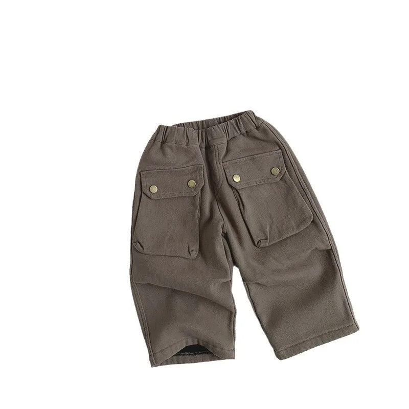 2025 Winter New Children Plus Velvet Thick Casual Pants Boys Cargo Pants Solid Girls Loose Fleece Warm Trousers Kids Clothes