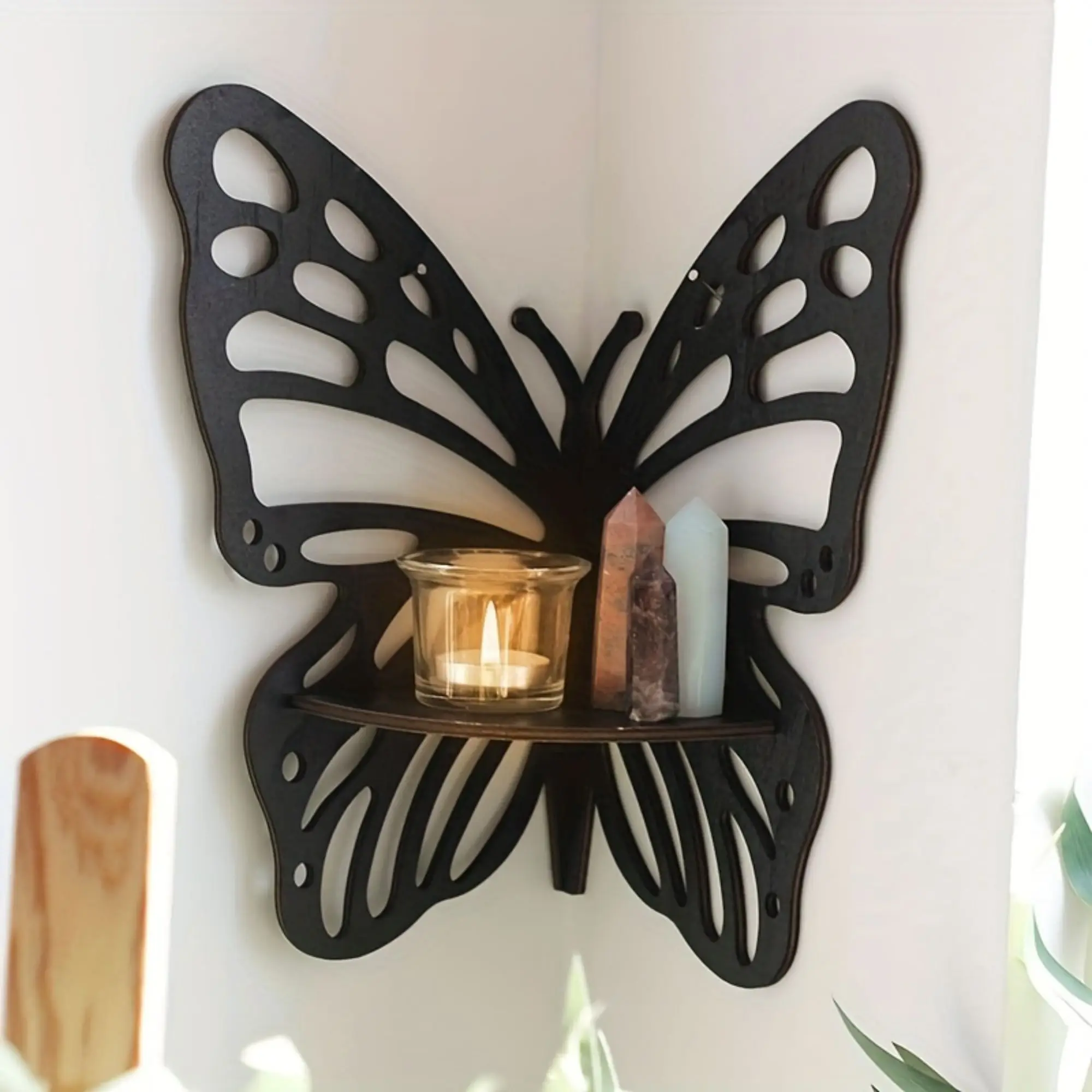 1pc Black Wooden Crystal Display Shelf Butterfly Shaped Corner Shelf Home Decoration Corner Shelf Wooden Support