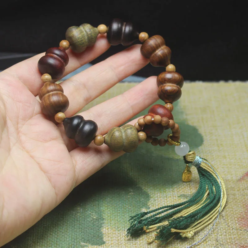 Green Sandalwood and Black Sandalwood Multi-Treasure Gourd Bracelet, Buddhist Beads, Fashionable Jewelry for Men and Women, Pray