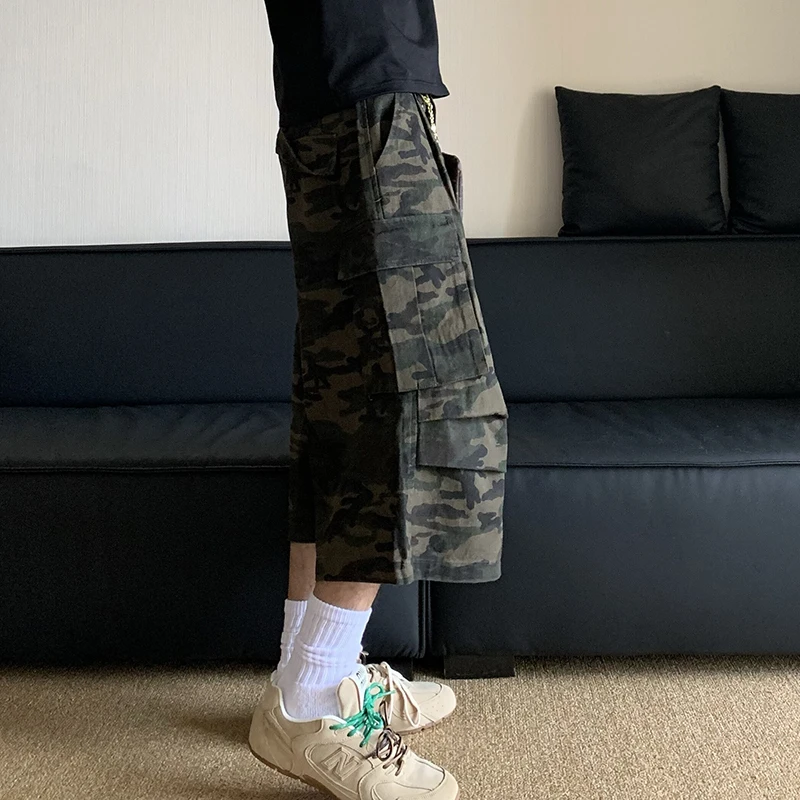 FEWQ American Style Multi Pocket Camouflage Capris Casual Wide Leg Pants Straight Tube Work Shorts Trendy 2024 Loose 24E1045