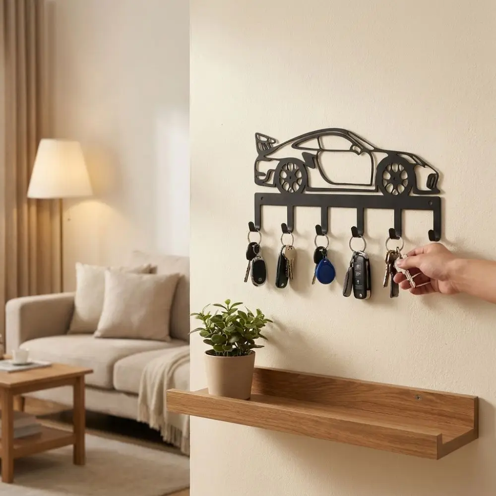 Black Minimal Metal Car Key Holder Sturdy 6 Hooks Industrial Style Wall Mount Key Rack Pre-Drilled Holes Wrought Iron