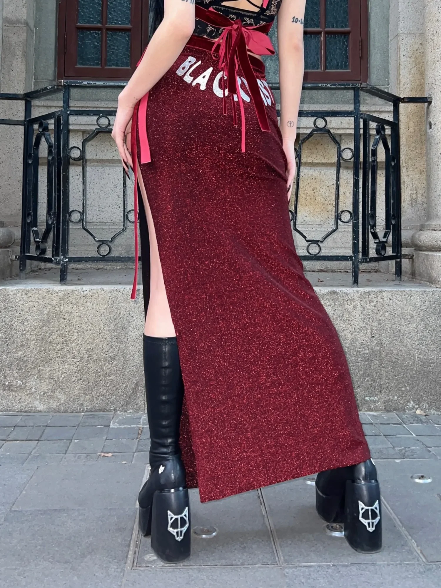 Summer Dark Red Wine Skirt Set Slim Crop Spaghetti Top and High Slit Bandage Long Skirt Suit Vintage Sexy Lady Shiny Gothic Set