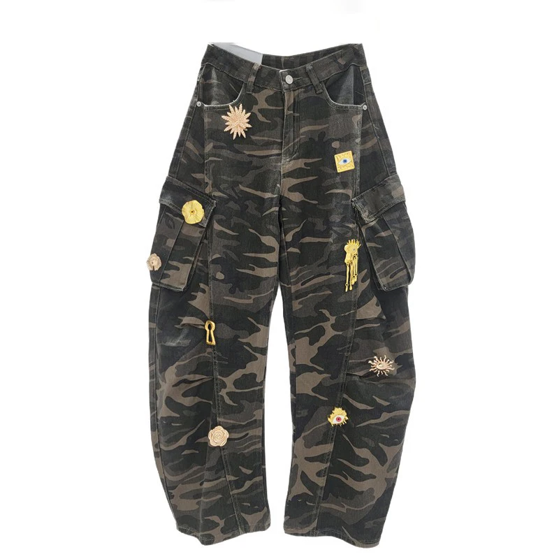 WTHT Vintage Fashion Women's Camouflage Metal Decoration Straight Cargo Jeans 2026 Spring High Waist Denim Pants Female 1LS2943